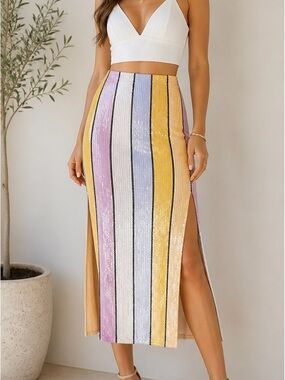 BLUE B COLLECTION Sz Large Multi Striped Sequin Pencil Skirt Pastel Party Glam